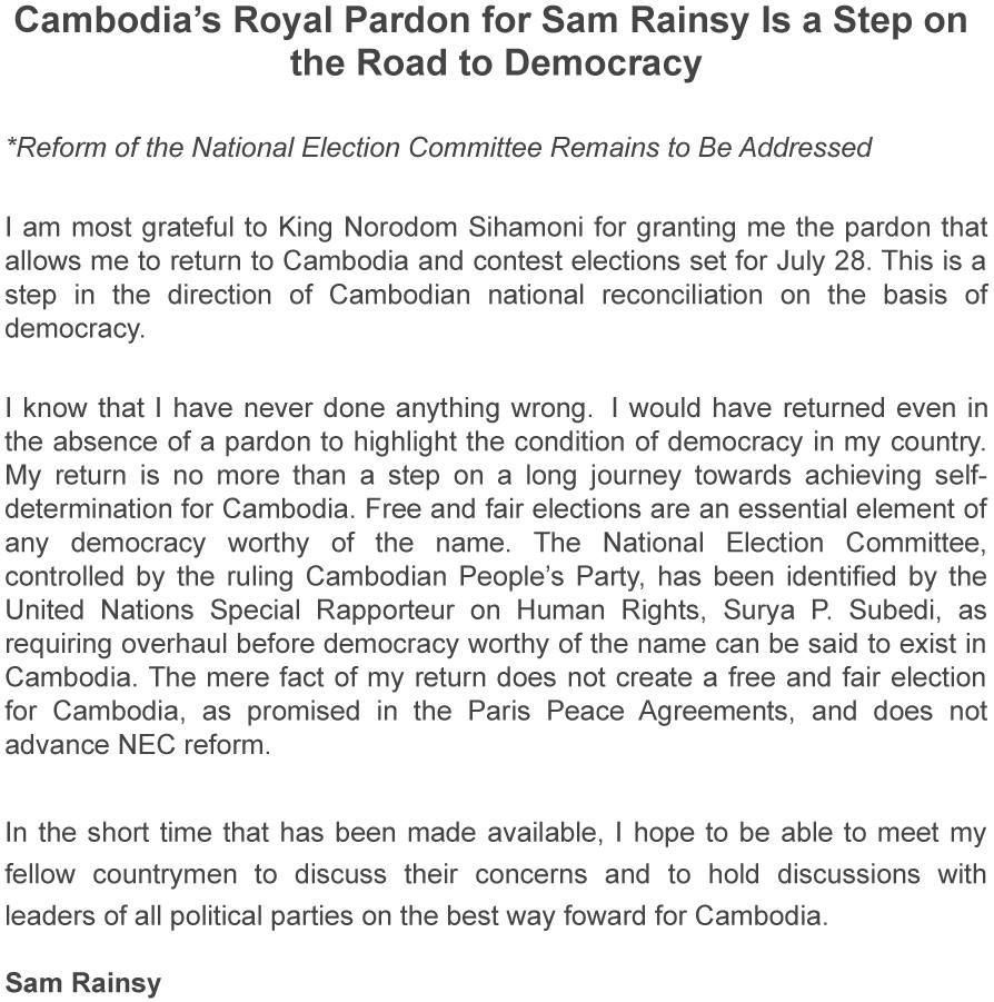 Sam Rainsy return message