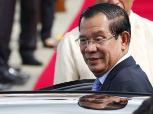 Cambodian Prime Minister Hun Sen arrives at Clark International Airport, north of Manila, Philippines Saturday, Nov. 11, 2017. Hun Sen is one of more than a dozen leaders who will be attending the 31st ASEAN Summit and Related Summits in Manila. (AP Photo/Bullit Marquez)