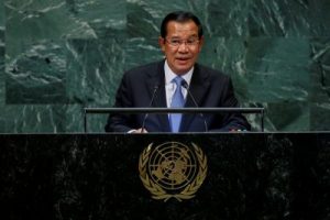 Cambodia's Prime Minister Hun Sen addresses the 73rd session of the United Nations General Assembly at UN headquarters in New York, the United States, 28 September 2018 (Photo: Reuters/Eduardo Munoz).